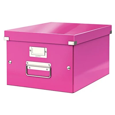Abbildung von Leitz Click &amp; Store Aufbewahrungsbox mit Deckel Mittel Groß, Box für Unterlagen bis A4 im Büro u. Haushalt, Transportbox aus 85 % recycelter Premium Hartpappe, Stabile Metallgriffe, Pink, 60440023