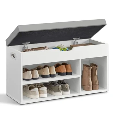 Abbildung von VASAGLE Schuhbank mit Sitzfläche, Sitzbank Stauraum, gepolstert, 3 offene Fächer, Fach unter Sitzkissen, Schuhregal für Wohnzimmer, Flur, bis 150 kg belastbar, wolkenweiß LHS030W01