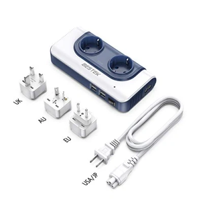 Abbildung von 200W Reise Spannungswandler von BESTEK Wechselrichter 120V auf 240V mit 2 EU Steckdosen und 4 USB Anschlüsse,Weltweit Universal für (USA,UK,EU,AU,CN,Blau