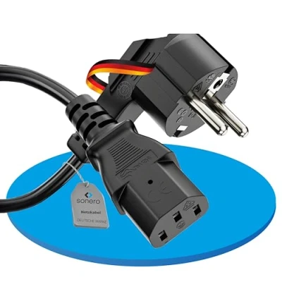 Abbildung von sonero Stromkabel Kaltgerätekabel 3 Polig, 15,0m, 90 Winkel Schutzkontakt Schuko Stecker Netzstecker auf Kaltgerätekupplung C13 Buchse, Netzkabel Netzteil Strom Kabel für Monitor PC Drucker, Schwarz