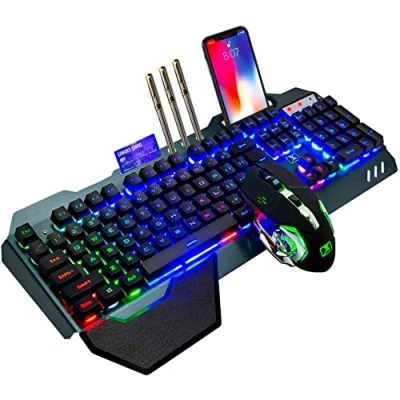 Abbildung von Kabellose Gaming Tastatur mit mechanischem Gefühl, Regenbogen Hintergrundbeleuchtung, wiederaufladbarer 3800 mAh Akku Abnehmbarer Handauflage +7 Farben LED Maus für PC Schreiber/Spieler