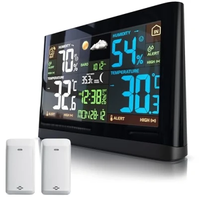 Abbildung von Brandson Wetterstation Funk mit 2 x Außensensor (2 Zonen) DCF Empfangssignal Funkuhr Innen und Außentemperatur relativer Luftdruck Barometer Temperaturtrend Lichtsensor LCD Display