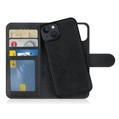 Abbildung von MyGadget Flip Case für iPhone 14 [ abnehmbare Magnet Hülle ] Handyhülle aus Kunstleder Klapphülle mit Kartenfach Schutzhülle in Grau Schwarz