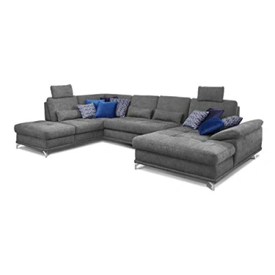 Abbildung von Cavadore Wohnlandschaft Castiel mit Federkern / Großes U Form Sofa Schlaffunktion, Sitztiefenverstellung und Kopfstützen 368 x 114 232 Webstoff, Grau