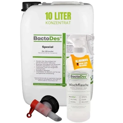 Abbildung von BactoDes Spezial Geruchsneutralisierer 10L Konzentrat mit Spray Mischflasche Universal Enzymreiniger Bio Mikroben Wirkung Effektiver Geruchsentferner für sämtliche unangenehme Gerüche