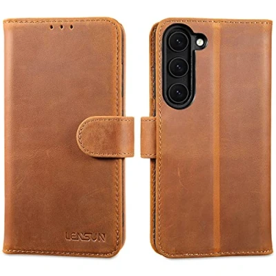 Abbildung von LENSUN Echtleder Hülle für Samsung Galaxy S23, Handyhülle [Echtes Leder] [Kartenfach] [RFID Schutz] Lederhülle Handytasche S23 5G Vintage Braun