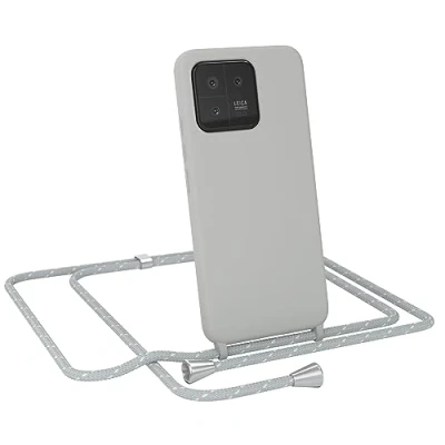 Abbildung von EAZY Case Silikon mit Kette kompatibel Xiaomi 13 Stoßfest Handyhülle Band, Stylische Abnehmbar Necklace als Set in Grau Riemen Hellgrau/Weiß Endstücke Silber