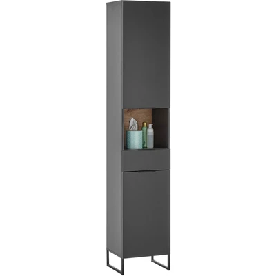 Abbildung von Stella Trading DENVER Badezimmer Hochschrank in Schwarz/Evoke Eiche Optik FSC zertifiziert Badezimmerschrank Bad Schrank mit viel Stauraum 38 x 195 32 cm (B/H/T)