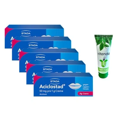 Abbildung von Aciclostad gegen Lippenherpes 5x2g inclusive einer Handcreme von vitenda Aciclovir Creme
