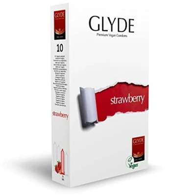Abbildung von Glyde Kondome Ultra Strawberry rote Erdbeer Packung mit, 10 St., vegane ohne Casein, Zertifiziert mit der Veganblume, Gefühlsecht &amp; Reißfest