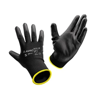 Abbildung von ASPRO Arbeitshandschuhe 20 Paar Größe 7 (S) Gartenhandschuhe Schwarze Nylon Handschuhe mit PU Beschichtung für Bauarbeiter, Gärtner, Mechaniker, Lagerarbeiter etc.