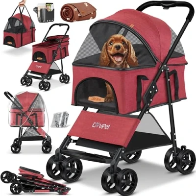 Abbildung von LOVPET® Hundewagen 2in1 Hundebuggy Hundebox Transporttasche Faltbar klappbar bis 20kg Haustiere Buggy mit Netzfenstern Getränkehalter, Regenschutzabdeckung &amp; Kuscheldecke Jogger für
