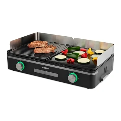 Abbildung von MEDION Tischgrill elektrisch mit Dual Zonen System (2400 Watt Elektrogrill, 2 abnehmbare Platten, individuelle Temperaturregelung, LED Statusanzeige, IPX4 Schutz, MD12027)