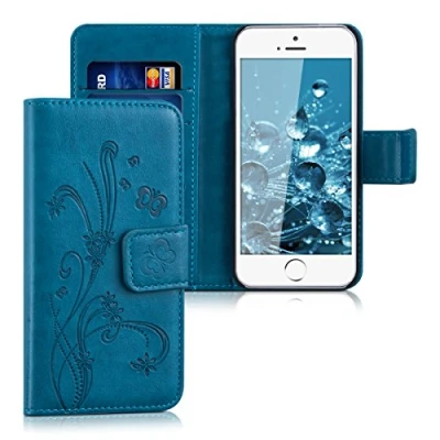 Abbildung von kwmobile Wallet Case kompatibel mit Apple iPhone SE (1.Gen 2016) / 5 5S Hülle Cover Ständer und Kartenfächern Ranken Schmetterling Dunkelblau