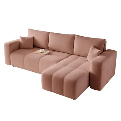 Abbildung von GREKPOL Sofa mit Schlaffunktion 145x248 Rosa Ecksofa und Bettkasten 3 Sitzer Schlafsofa Couch