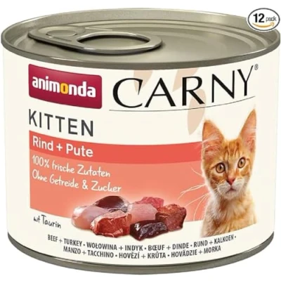 Abbildung von Carny Katzen Nassfutter Kitten Rind + Pute (12 x 200g), ohne Getreide und Zucker von animonda für wachsende Kätzchen bis 1 Jahr, mit frischen Zutaten