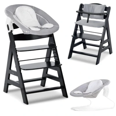 Abbildung von hauck Hochstuhl Alpha Plus Newborn Set mit 2in1 Bouncer Mitwachsender Holz Babyhochstuhl ab Geburt, inkl. Sitzauflage &amp; Neugeborenenaufsatz Schwarz