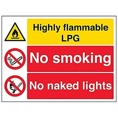 Abbildung von VSafety Warnschild „Hoch entzündlich/Rauchen verboten/Kein offenes Licht“ (Highly Flammable/No Smoking/No Naked Lights), Querformat, 400 x 300 mm, 1 mm dicker starrer Kunststoff