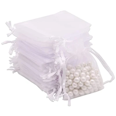 Abbildung von Leeyunbee 100 Stück Weiß Organzasäckchen 7 x 9 cm Organzabeutel, Säckchen Geschenk Schmuck Hochzeit Bonbonsbeutel Für Festival Party und Hochzeit, Satin Kordelzug