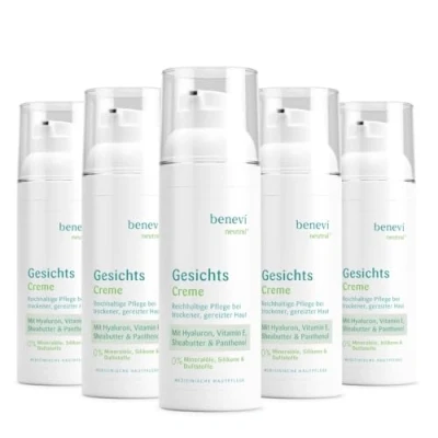 Abbildung von benevi Gesichts Creme 5 x 50ml reichhaltige Pflege für empfindliche und irritierte Haut zur der trockenen zu Neurodermitis neigenden Hyaluron Panthenol Sheabutter pH hautneutral