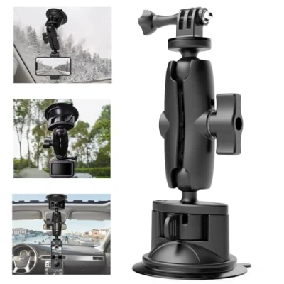 Abbildung von UNSTINCER Saugnapf Auto Halterung für Handy und Action Kamera, KFZ Suction Cup Mount Windschutzscheibe Fenster Kompatibel mit GoPro Insta360 Akaso DJI Osmo usw, Dual 360 Drehbare Kugelkopf