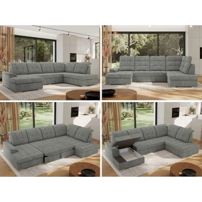 Abbildung von MKS MEBLE Sofa U Form Grau Struktur, Wohnlandschaft Form, mit Schlaffunktion und Bettkasten, Schlafsofa Couch Struktur Madrito