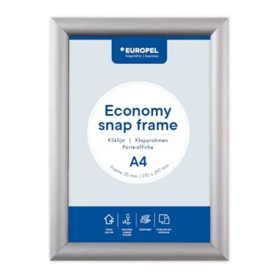 Abbildung von Europel Economy Klapprahmen, A4,Farbe Silber, Aluminium Profil 25x11 mm, Maße 241x328 für Poster 21x29,7 cm, Posterhalter, Hotel, Büro, Restaurant, Speisekarten, Werbung, Botschaft