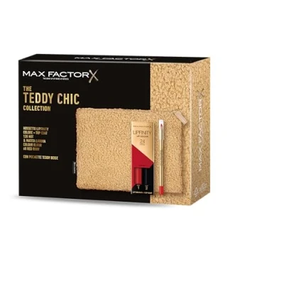 Abbildung von Max Factor, Geschenkbox für Damen, Teddy Chic, Clutch aus weichem Stoff mit Lippenstift Lipfinity 120 Hot + Colour Elixir 60 Red Ruby