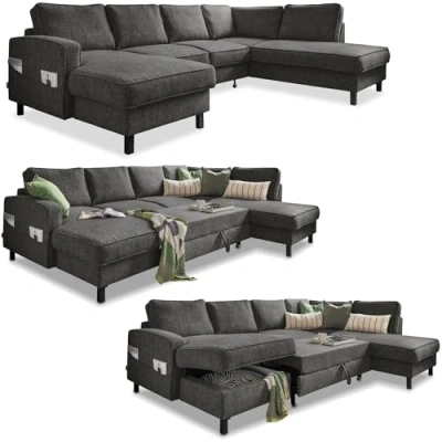 Abbildung von MIUFORM Wohnlandschaft U Form, Couch Grau Ecksofa mit Schlaffunktion und Bettkasten, Sofa Form Schlaffunktion, Big XXL (Rechts)