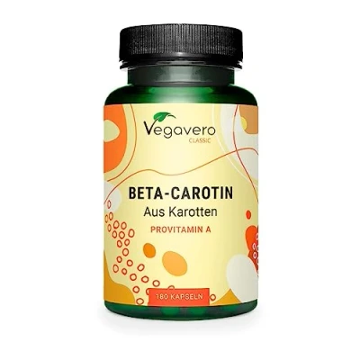 Abbildung von Beta Carotin Kapseln Preis Leistungs Sieger 2024* 100% natürlich aus Karotten Extrakt Bräunungskapseln Augen* Deutsche Produktion Vegavero® Laborgeprüft, vegan, ohne Zusätze 180 Stück