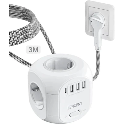 Abbildung von LENCENT 4 Fach Steckdosenleiste Flachstecker Steckdosenwürfel Mehrfachsteckdose 8 in 1 Cube Steckdose Steckerleiste mit 3 USB&amp;1 Typ C, Mehrfachstecker Meter Geflochtenem Kabel für Wandsteckdose
