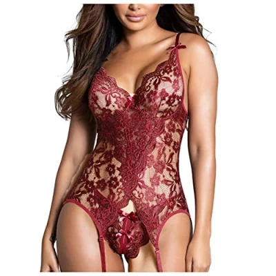 Abbildung von Erotische Dessous Set Damen Sexy Tiefer V Ausschnitt Halfter Spitze Reizwäsche Negligee Babydoll Unregelmäßiger Hem Nachtwäsche Nachthemd Lingerie Nachtkleid G String Sleepwear
