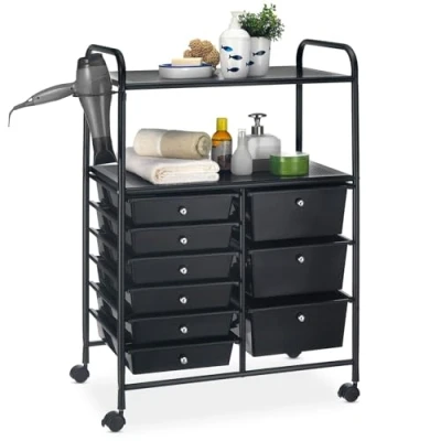 Abbildung von IDIMEX Beistellwagen MARITA, Rollwagen Kosmetik Badregal Friseurwagen schwarz 9 Schub