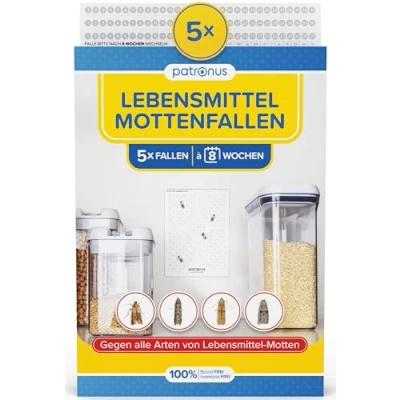 Abbildung von Lebensmittelmotten Falle [5 Stück] Mottenfalle gegen Lebensmittel Motten mit maximaler Lockwirkung Pheromonfalle Hochleistungs Leim zur Befallsermittlung