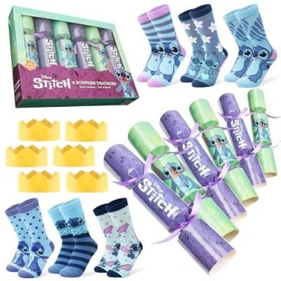Abbildung von Disney Lilo Und Stitch Weihnachts Knallbonbons mit Socken, Marvel Mickey Mouse Frozen Christmas Crackers Lustige Socken Kleine Geschenke Weihnachten (Blaugrün/Lila Erwachsene)
