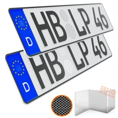Abbildung von L &amp; P Car Design KFZ Kennzeichen 2 Stück 46cm x 11cm in Carbon Optik Nummernschild 460mm 110mm Wunschkennzeichen DIN Autokennzeichen Fahrradträger Anhänger LKW Wunschprägung amtliches Autoschild