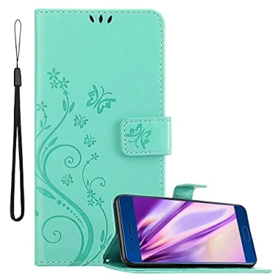 Abbildung von Cadorabo Hülle kompatibel mit Honor 9 Blumen Design aus Premium Kunst Leder Flip Klappbare Stoßfeste Magnetische [Standfunktion] [Kartenfächern] Cover für Tasche in Türkis