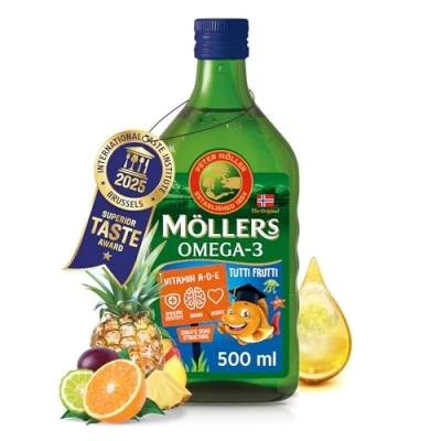 Abbildung von Möller&#039;s omega 3 Lebertran Nordic kinder Nahrungsergänzung mit EPA, DHA, Vitamin A, D und E Hochreiner natürlicher 165 Jahre alte Marke Tutti Frutti 500 ML