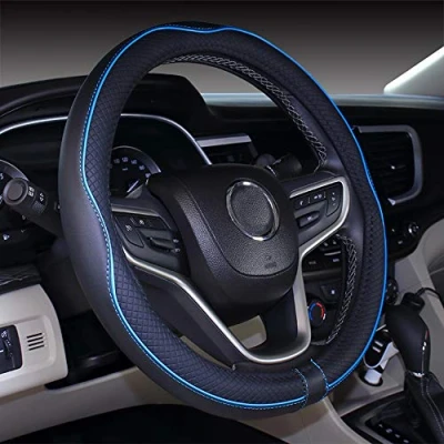 Abbildung von 2019 Neue Schwarze Blaue Mikrofaser Leder kleine Lenkradabdeckung für Prius Civic 35 36.25 cm