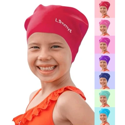 Abbildung von Limmys Premium Badekappe Kinder, badehaube Kinder Langes und kurzes Haar Schwimmkappe für Mädchen Jungen Hochwertige Qualität, Dehnbare &amp; Bequeme (L, Rot)