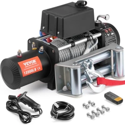 Abbildung von VEVOR Elektrische Seilwinde 6123kg offroad Motorwinde 12V DC Elektrowinde mit Φ1,0x2438,4cm Stahlkabel, kabellose/kabelgebundene Fernbedienung IP55 zum Abschleppen von Geländewagen Jeeps LKWs Booten