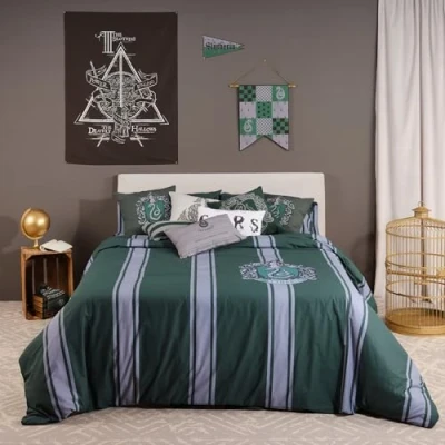 Abbildung von Belum Bettbezug Harry Potter, mit Knöpfen 100% Baumwolle, gestreift, Modell Slytherin für 80 cm Bett (140 x 200 cm)