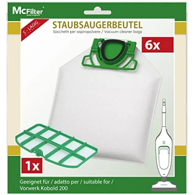 Abbildung von McFilter 6 Staubsaugerbeutel + 1 Filter geeignet für Vorwerk Kobold VK 200 Microvlies 5 lagig VK200 Ersatz FP200 FP