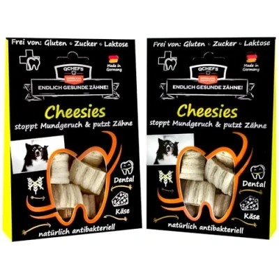 Abbildung von QCHEFS CHEESIES Hundeleckerli bei Mundgeruch, Zahnfleischentzündung als Zahnsteinentferner durch natürlich antibakterielle Zahnpflege ohne Dentalspray oder Zahnbürste für die Gesundheit (2er Pack)