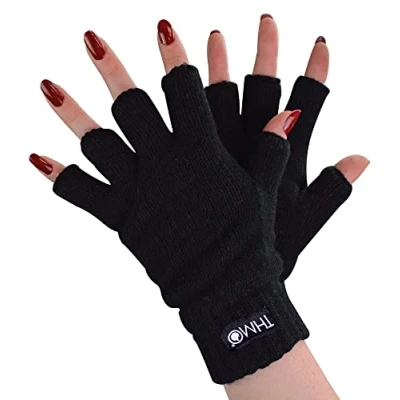 Abbildung von THMO Damen Thermo Handschuhe Ohne Finger Winter Fleece Winddichte Fingerlose Thinsulate (Einheitsgröße, Schwarz)