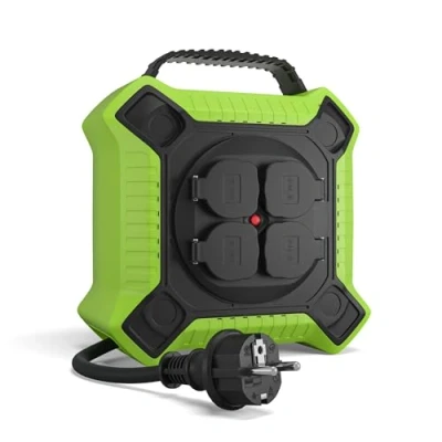 Abbildung von MutecPower Kabeltrommel 10m Outdoor IP44 mit 4 schutzkontaktsteckdosen, kabelrolle außen H05RR F 3G1,5 Schwartz/Grün