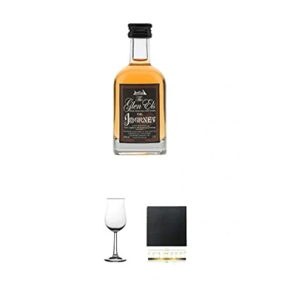 Abbildung von The Glen Els Journey Harzer Single Malt Whisky 0,05 Liter Miniatur + Nosing Gläser Kelchglas Bugatti mit Eichstrich 2cl und 4cl 1 Stück Schiefer Glasuntersetzer eckig ca. 9,5 cm Durchmesser