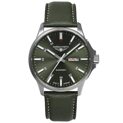Abbildung von Bauhaus Aviation Herrenuhr mit Lederband Titan Automatik 10 ATM Saphirglas Tag Datum DayDate 2866 4