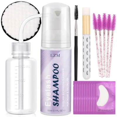 Abbildung von LZM wimpernshampoo für wimpernverlängerung wimpern shampoo 60ML+Spülflasche+ Reinigungsbürste+10 Paar Augenpads+Makeup Reinigungspad lash reinigungsschaum Salon und Hausgebrauch