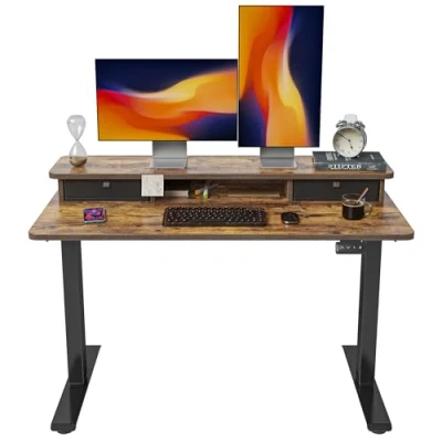 Abbildung von FEZIBO Höhenverstellbarer Elektrischer Stehtisch mit Doppelschublade, 120 x 60 cm Heimbüro Schreibtisch Ablagefach, Sitz Steh Computerarbeitsplatz, Rustikal Braun Oberfläche